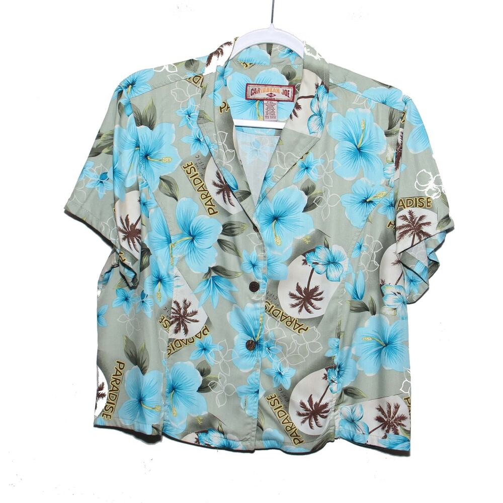 Vintage Y2K Caribbean Joe Blue Hibiscus Palm Tree Camp Shirt Top PXL